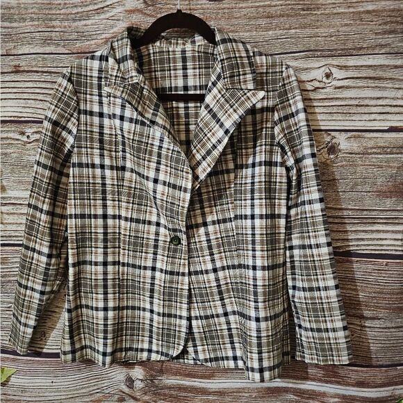 Vintage unbranded blazer Women's 14 browns/ cream plaid Pre-owned - Picture 1 of 6
